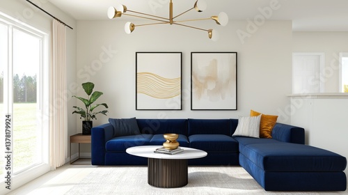 Contemporary eclectic room, blue velvet sofa, modern wave chandelier, organic art on wall, neutral floors