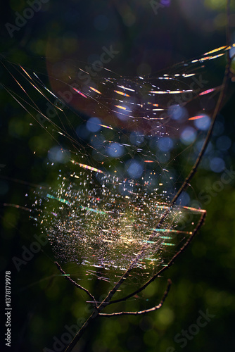 Beautiful spider cobweb in the forest highlighted with sunlight beams