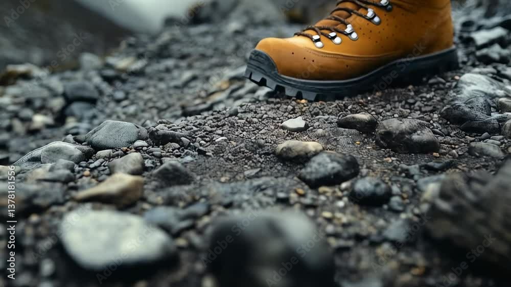 Hiking adventure in rugged terrain featuring durable footwear with excellent grip and support