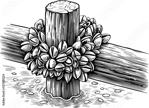 Maritime life featuring ocean flora and fauna in SVG and vector formats. Wooden Post Surrounded by Shellfish in Black and White Style