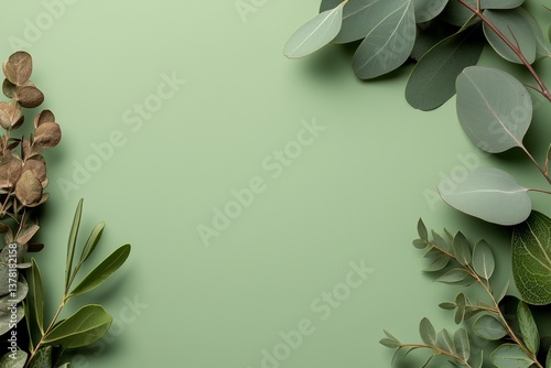 Nature elements featuring green foliage minimalist studio setup botanical photography calm atmosphere close-up view organic aesthetics