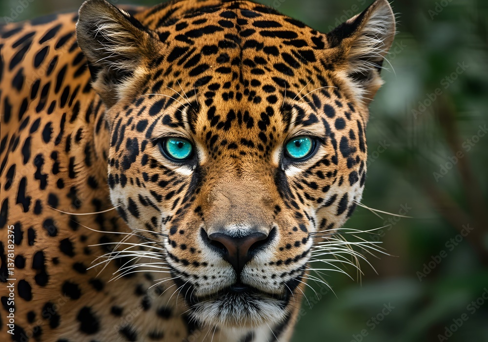 Obraz premium Stunning Close-Up of a Jaguar with Turquoise Eyes - Wild Animal Portrait.