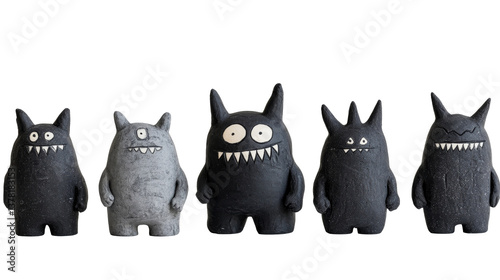 Quirky monster figurines line up against a black background, cut out transparent