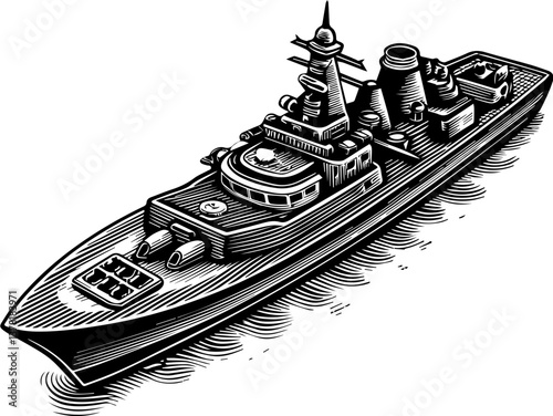 Maritime life with ships sailing in SVG and vector formats. Detailed Black and White Illustration of a Warship at Sea