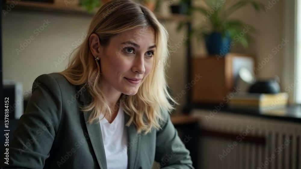 Mujer ejecutiva firmando documentos importantes en oficina moderna y luminosa