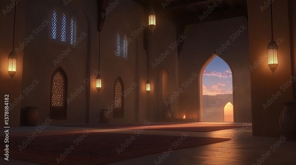 Fototapeta premium Sunset Mosque Interior Peaceful Prayer Room