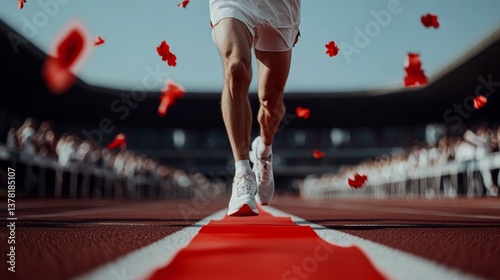 Competitive runner sprinting towards finish line on track with red petals scattered around in vibrant stadium setting