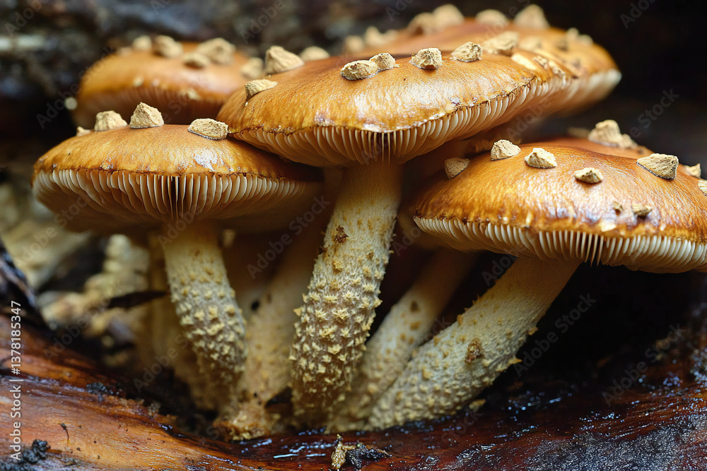 Obraz premium Delicious Cinnamon Caps Mushrooms - Close-Up Macro Photography of Earthy, Brown-Shaped Fungi with Textured Cap and Stem on Wooden Cutting Board