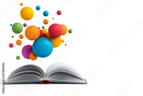 Exploding with Knowledge: An open book releases a vibrant burst of colorful spheres, symbolizing ideas and imagination taking flight.