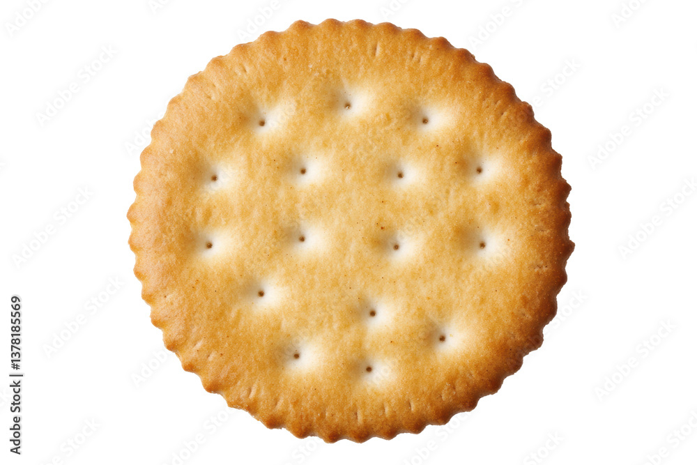 Golden round cracker on black background with detailed texture, cut out
