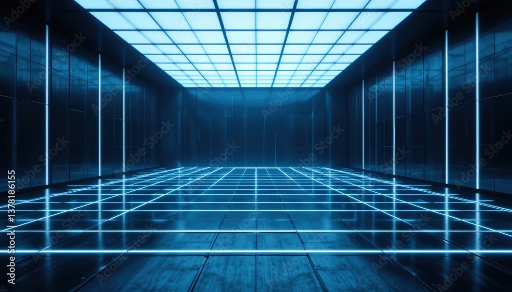 Obraz premium Dynamic neon grid action in futuristic space virtual environment digital art modern design concept