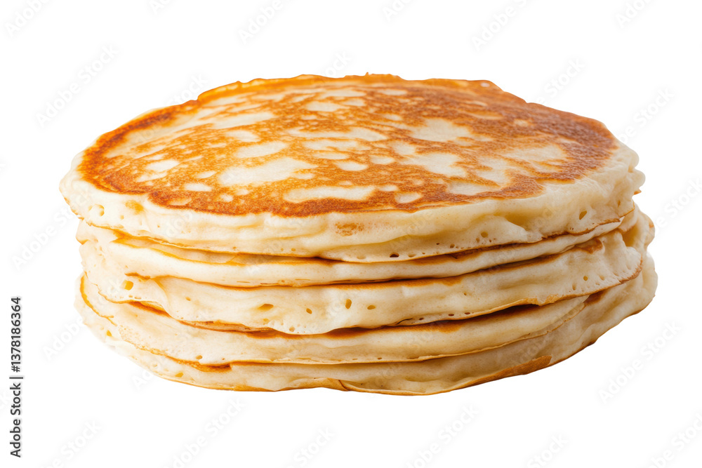 Golden stack of fluffy pancakes on white background, cut out