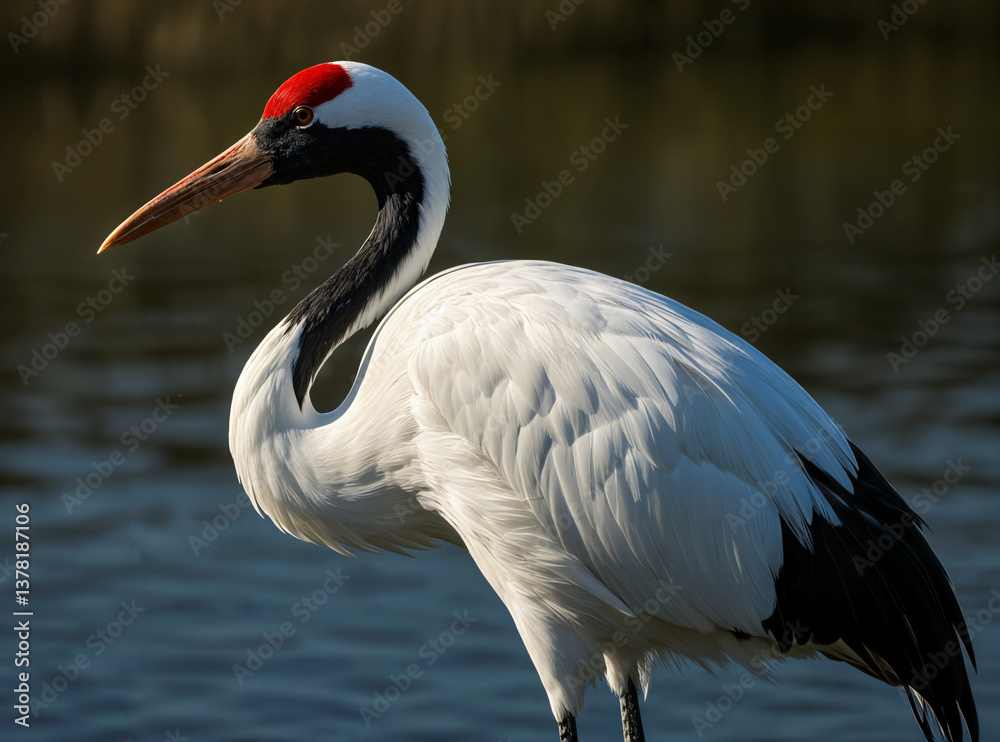 Obraz premium The elegant red - crowned crane stands by the water.