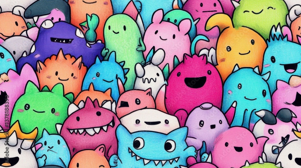 Colorful cute monsters gather in a playful scene fantasy world digital art vibrant environment close-up whimsy concept for kids Colorful cute monsters gather in a playful scene fantasy world digital art vibrant environment close-up whimsy concept for kids