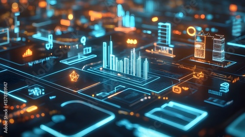 Futuristic city with digital projections of business sectors