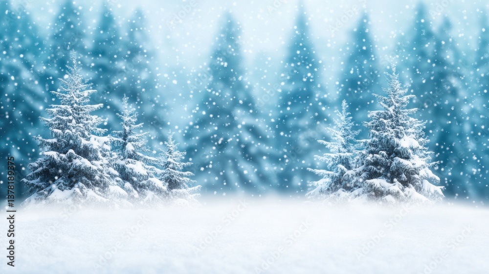 Snowy Forest Landscape with Evergreen Trees and Falling Snowflakes Snowy Forest Landscape with Evergreen Trees and Falling Snowflakes