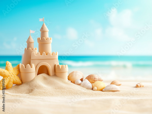Sandcastle with Seashells and Starfish on Beach
