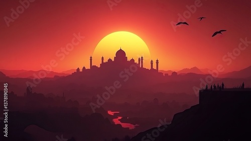 Wallpaper Mural Sunset Silhouette Palace, River, Desert, Birds, Travelers Torontodigital.ca