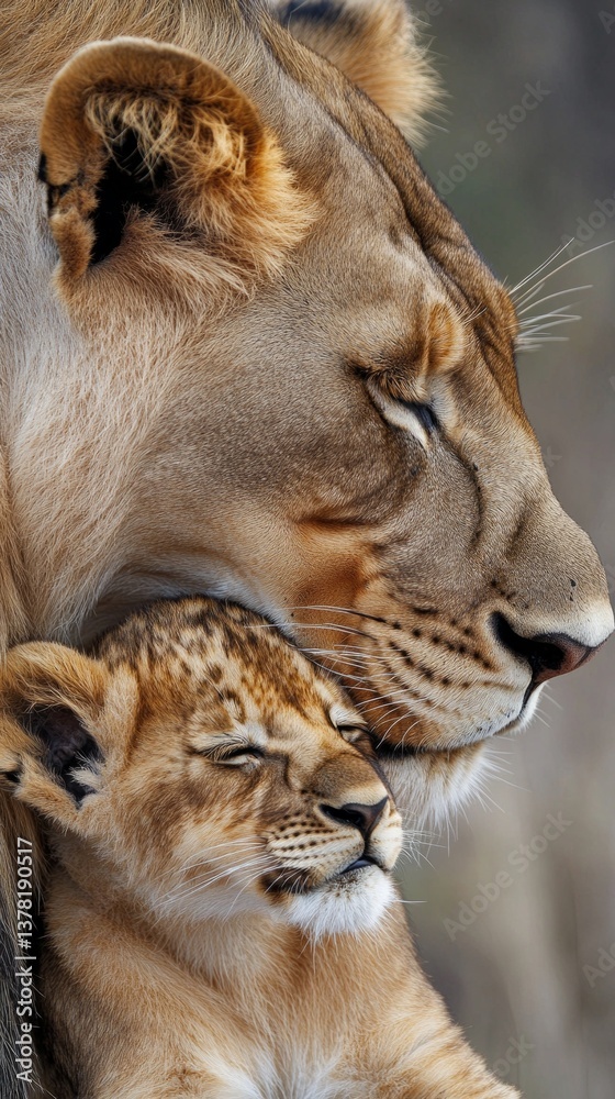 Obraz premium A gentle mother lioness with her cub in the wild, showing the care and bond between generations. Articles about wildlife, animal care, and family bonds in the animal kingdom.