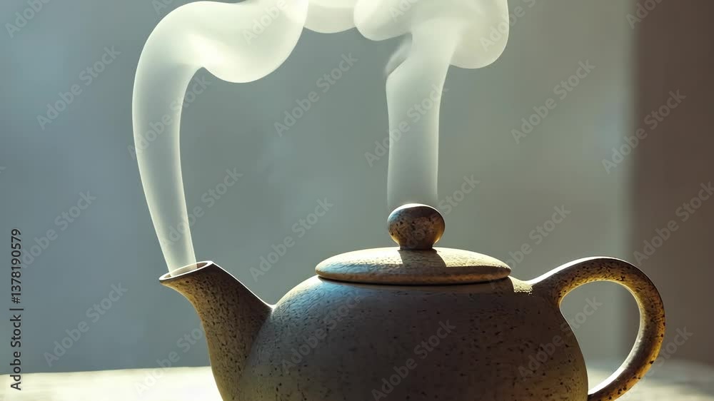A simple ceramic teapot with steam rising, placed on a light stone surface. digital