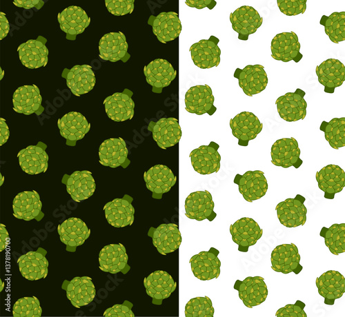 Artichokes seamless pattern on a black transparent background. Vector flat concept of healthy food and ecological vegetables. Design for menu, package, cosmetic, textile.  Eat green