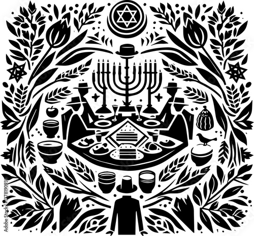 Stylized monochromatic design representing Jewish customs, holidays, and cultural motifs, arranged in a square format. Jewish Holiday Celebration Pattern