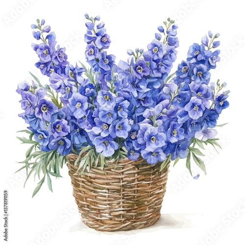 A watercolor vector painting of Delphinium bouquet in a basket, isolated on a white background.


