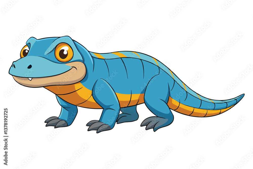 Obraz premium Cartoon Lizard Walking With Blue Scales and Yellow Stripes on Transparent Background