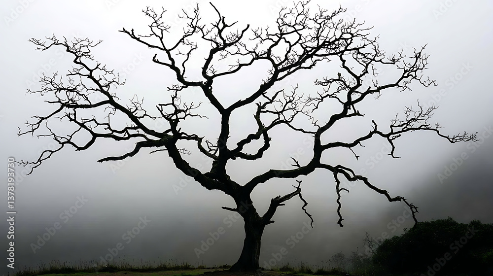 A tree with no leaves is standing in a foggy field A tree with no leaves is standing in a foggy field