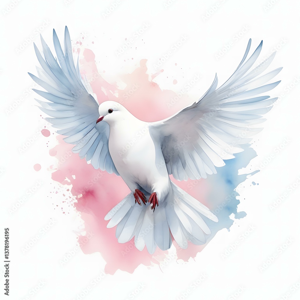 Fototapeta premium Serene White Dove in Flight Watercolor Wings Peaceful Pastel Pink and Blue Splashes Background 
