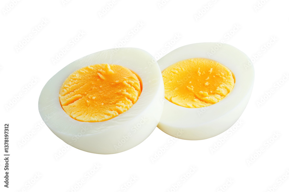 Two halves of a hard-boiled egg with bright yellow yolk on white background, cut out Two halves of a hard-boiled egg with bright yellow yolk on white background, cut out