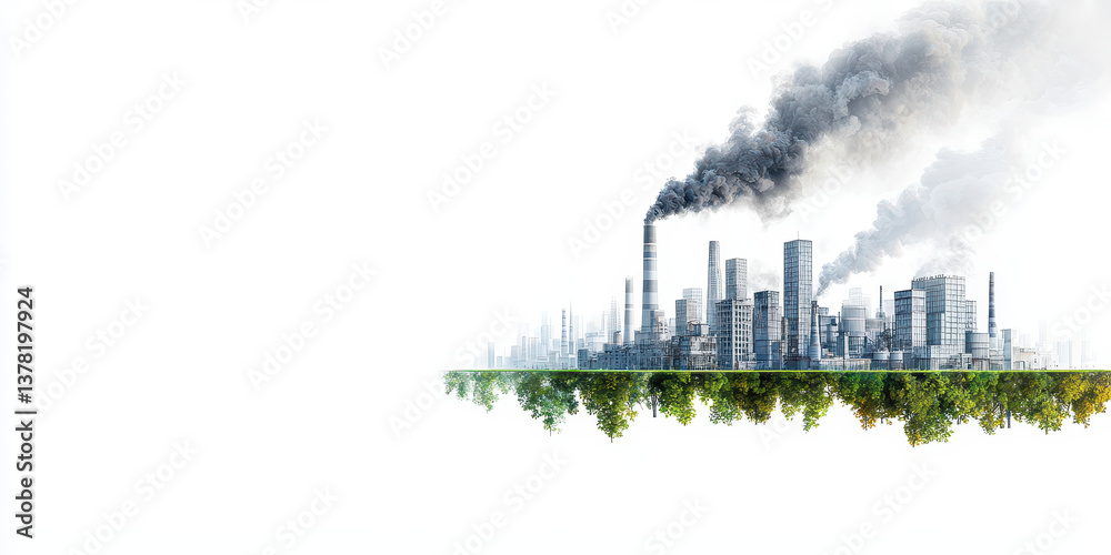 Fototapeta premium smoky industrial skyline contrasts with green sustainability