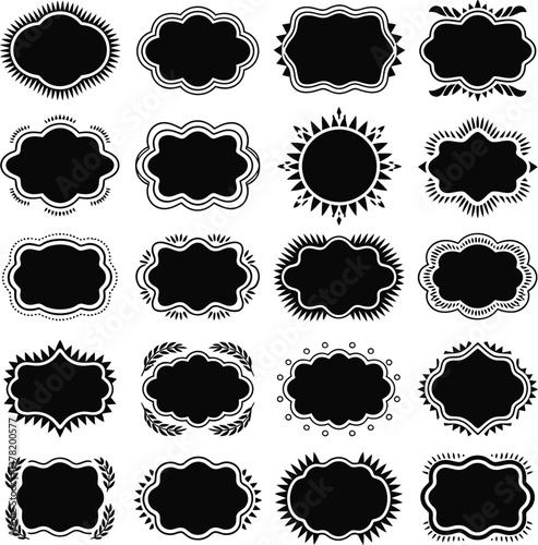 Picture frames with various shapes and decorative edges. 