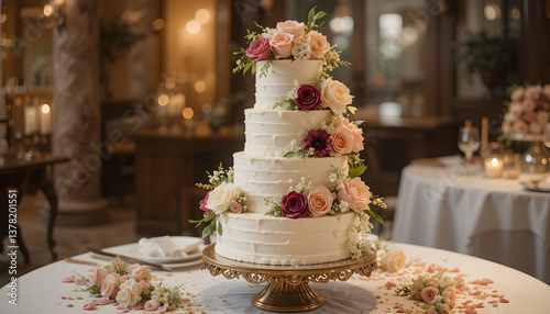 4 tier wedding cake with fresh flowers