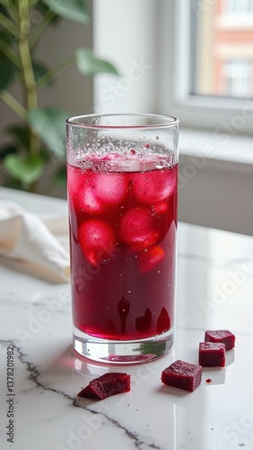 Wallpaper Mural Refreshing glass of beetroot juice with ice on marble table near window Torontodigital.ca