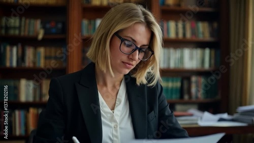 Abogada revisando documentos legales en una oficina con estantería de libros