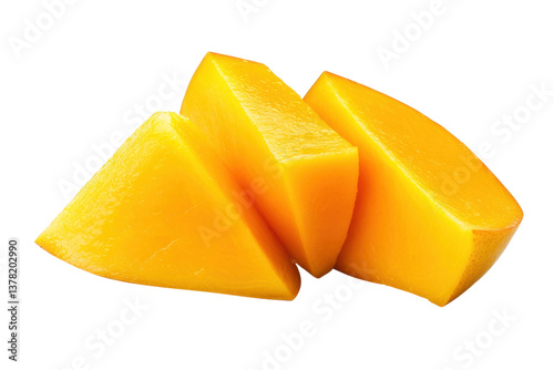 Fresh juicy mango slices isolated on black background, cut out