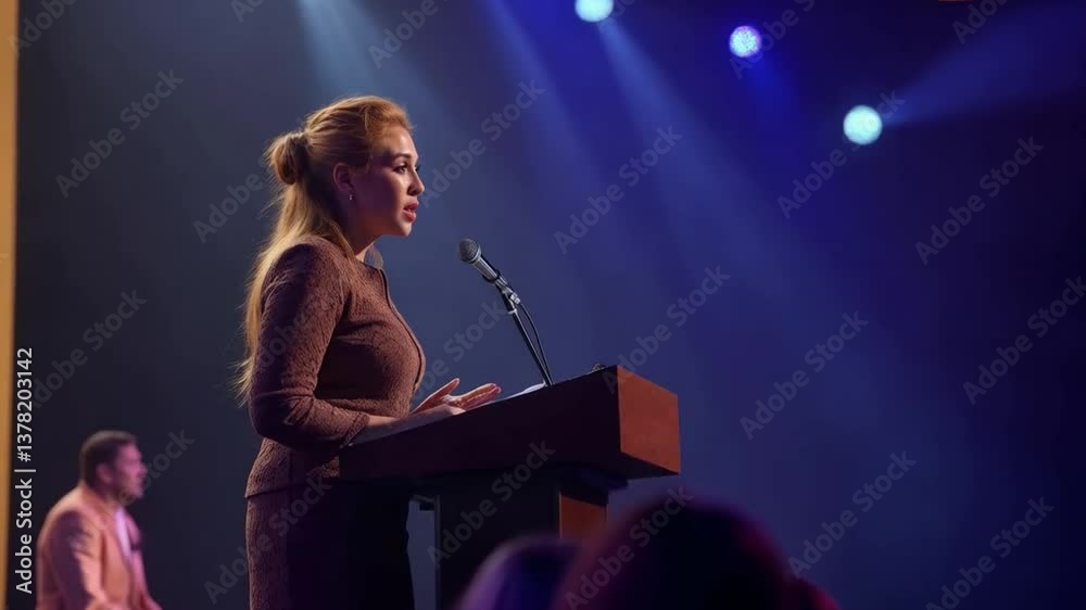 Líder femenina hablando desde un podio durante un evento corporativo