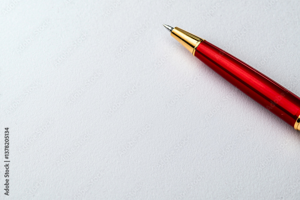 close up of red pen resting on blank white paper surface, showcasing its sleek design and shiny finish. This captures essence of writing and creativity close up of red pen resting on blank white paper surface, showcasing its sleek design and shiny finish. This captures essence of writing and creativity