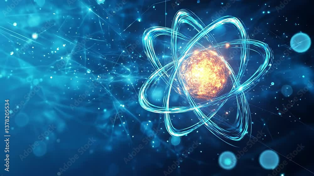 An abstract representation of an atom with glowing elements. An abstract representation of an atom with glowing elements.