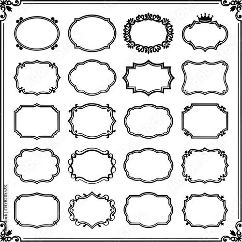 Collection of various black and white vintage frames, borders and design elements with transparent Background