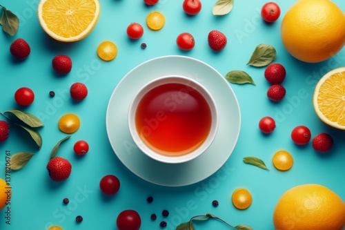 A cup of fruit tea on a blue table, surrounded by scattered small fruits, capturing summer vibes from a top view.