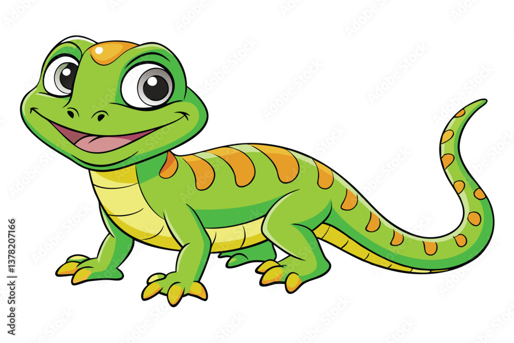 Fototapeta premium Smiling Green Lizard Cartoon with Orange Markings on Transparent Background