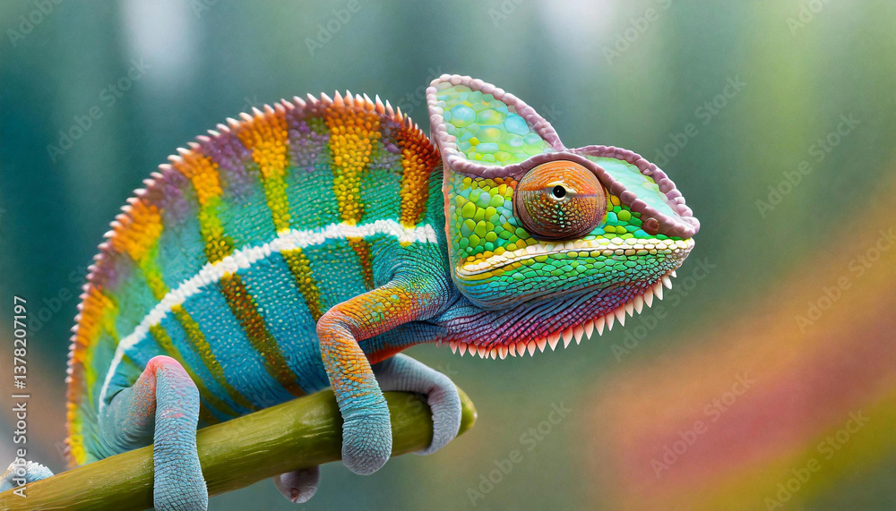 Fototapeta premium Beautiful rainbow colored Veiled Chameleon on a branch with natural background