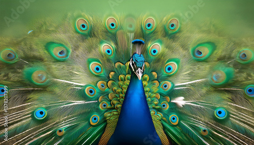Beautiful male peacock with his tail widely open with a green background 