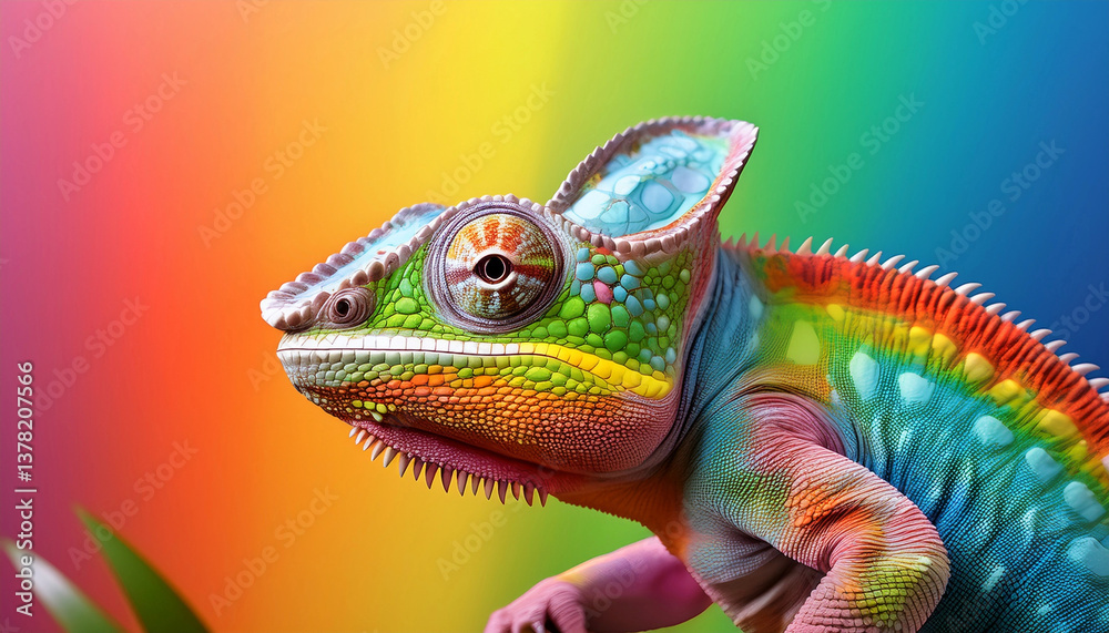 Fototapeta premium Beautiful rainbow colored veiled Chameleon sitting on a branch with a colorful background