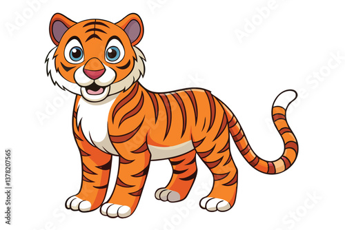 Standing Cartoon Tiger with Orange and Black Stripes on Transparent Background