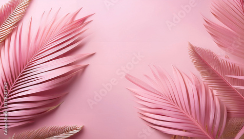 Beautiful background with exotic palmtree leaves on a light pink wallpaper