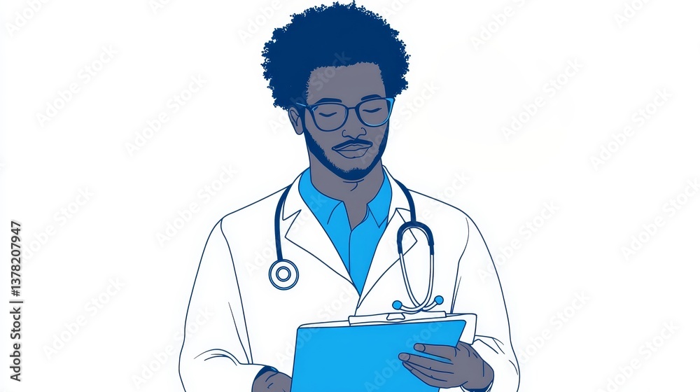 Young African American doctor with clipboard and stethoscope reviewing patient data on white background