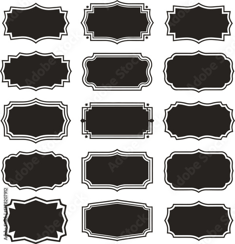 Set of simple vintage labels, vector illustration. Blank frames of various shapes. Elegant black and white background. Simple retro elements for your design. 